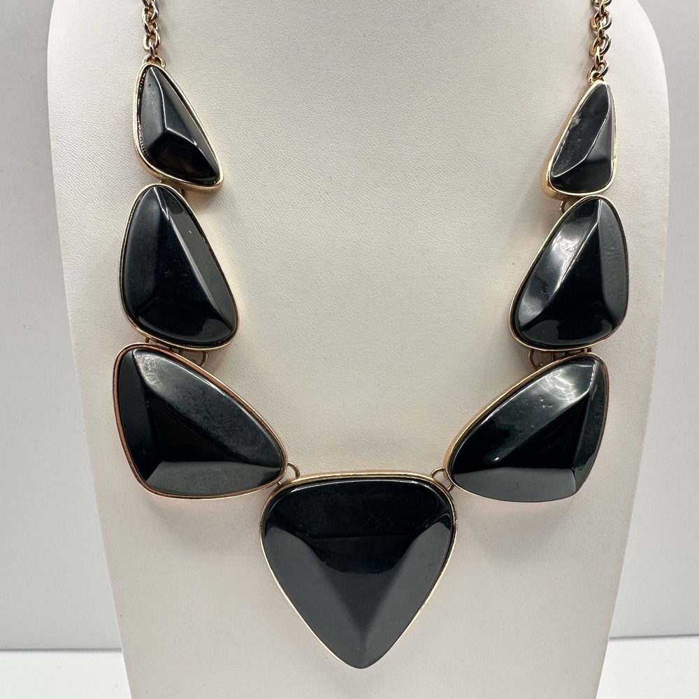 Vintage 90s Black Onyx Statement Necklace Gold Tone Geometric Y2K